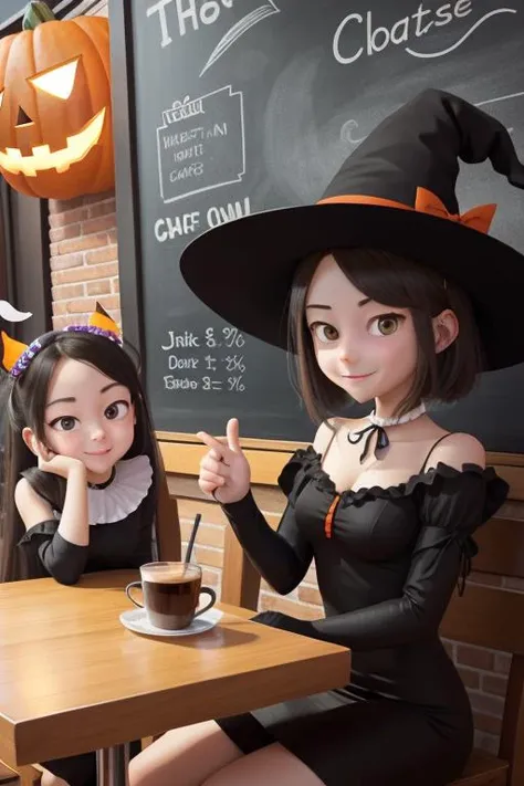 2girls, at a cafe, cartoon. colorful, wearing witch costumes, halloween