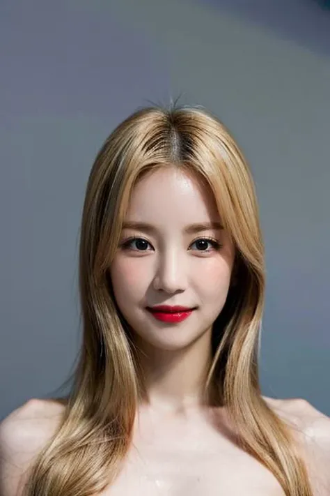(masterpiece, top quality, best quality, (close-up photograph: 2), ((1girl)), fair skin, (((closed lips))), (extremely detailed face), looking straight, ultra-detailed eyes and pupils, ((bare pectorals)), ((bare chest)), bare head, nude dress, (((bare shoulders))), symmetrical frame, ((strapless)), (((smile))), ((symmetrical pose)), looking at viewer, (((looking at viewer))), ((symmetrical face: 1.6)), 35mm, simple background, ((studio lighting)), no watermark, ((blonde long hair)), <lora:shuhualorashy:1>