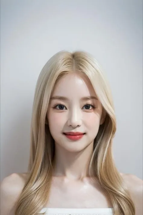 (masterpiece, top quality, best quality, (close-up photograph: 2), ((1girl)), (extremely detailed face), looking at viewer, ((small eyes)), ((ultra-detailed eyes and pupils)), ((ultra-detailed upper teeth)), ((bare pectorals)), ((bare chest)), ((tube dress)), bare head, ((bare shoulders)), symmetrical frame, (((strapless))), (((smile))), ((symmetrical pose)), (symmetrical face: 1.6), 35mm, ((((minimal plain white background)))), ((no lighting)), (((long hair))), blonde hair, no watermark, <lora:choronglorashy:1>