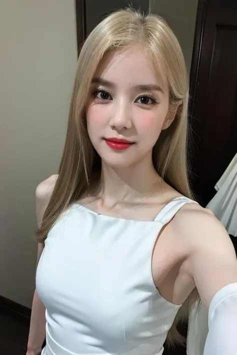1girl,(masterpiece:1.2), (best quality:1.2), (extremely detailed), (selfie from center front), (extremely detailed face), ultra-detailed eyes and pupils, (ultra detailed), 8k, photorealistic, pretty face, smile, instagram shot, instagram style, in the bedroom, looking at viewer, facing front, perfect skin, cinematic lighting, fair skin, black hair, black eyes, upper body, portrait photo, slim, slender, no makeup, nikon RAW photo, 8k ,Fujifilm XT3, photorealistic, armpits, detailed face, fair skin, perfect shape, slim face, indoors, dim lighting, (((white Silk Dress))), blonde hair, (looking at viewer:1.2), <lora:choronglorashy:1>