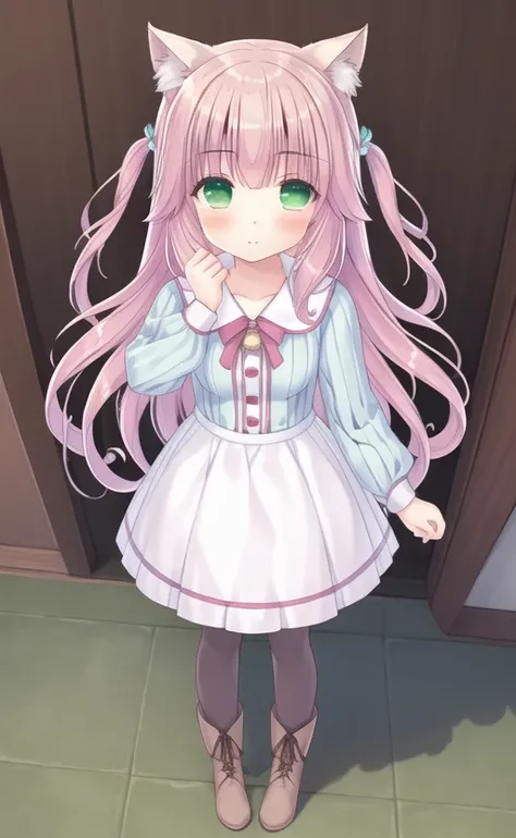 1girl, solo, animal ears, green eyes, boots, long hair, pink hair, long sleeves, blush <lora:222caomeimax:0.7>