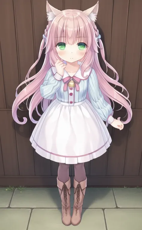 1girl, solo, animal ears, green eyes, boots, long hair, pink hair, long sleeves, blush <lora:222caomeimax:0.7>