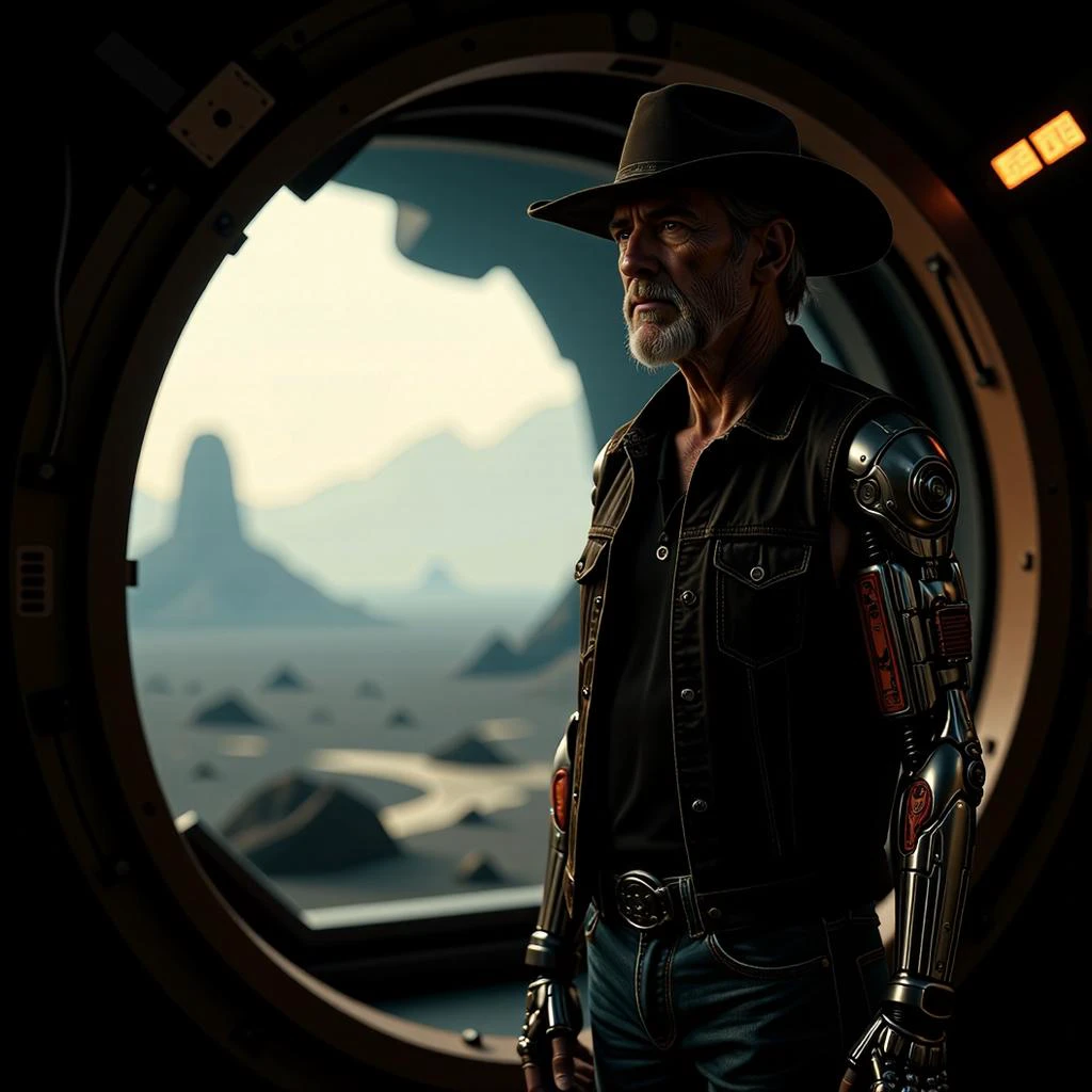 The glow of artificial lighting illuminates a fractal 3D space station's interior, where a grizzled nanobot-enhanced man stands, his weathered face bathed in soft light. This Westernpunk scene, with a backdrop of a viewport revealing the vastness of space, creates a captivating atmosphere. The mature man, a fusion of cowboy_western and futuristic technology, embodies the spirit of a space cowboy. His rugged appearance, with sleevless tops that show off his Biopunk mechanical_arms with organic tissue grafts, vein-like patterns melding flesh and metal with matching nanofiber implants implants, tells a tale of resilience and adventure in this desolate yet awe-inspiring environment. He is wearing levis 501 jeans, a wide brim Stetson cowboy_hat, cowboy_western, with a tough of steampunk styling. This highly detailed portrayal, with a dramatic mood, captures a moment of quiet contemplation, leaving viewers enthralled by the man's unique presence and the endless possibilities that lie beyond the viewport. <lora:scifi/fluxWesternPunk_v1:0.7>, <lora:flux/aidmaImageUpgrader-FLUX-V0.2:1>, aidmaimageupgrader, realistic, <lora:scifi/dvr-transformers-flux:1.0>,