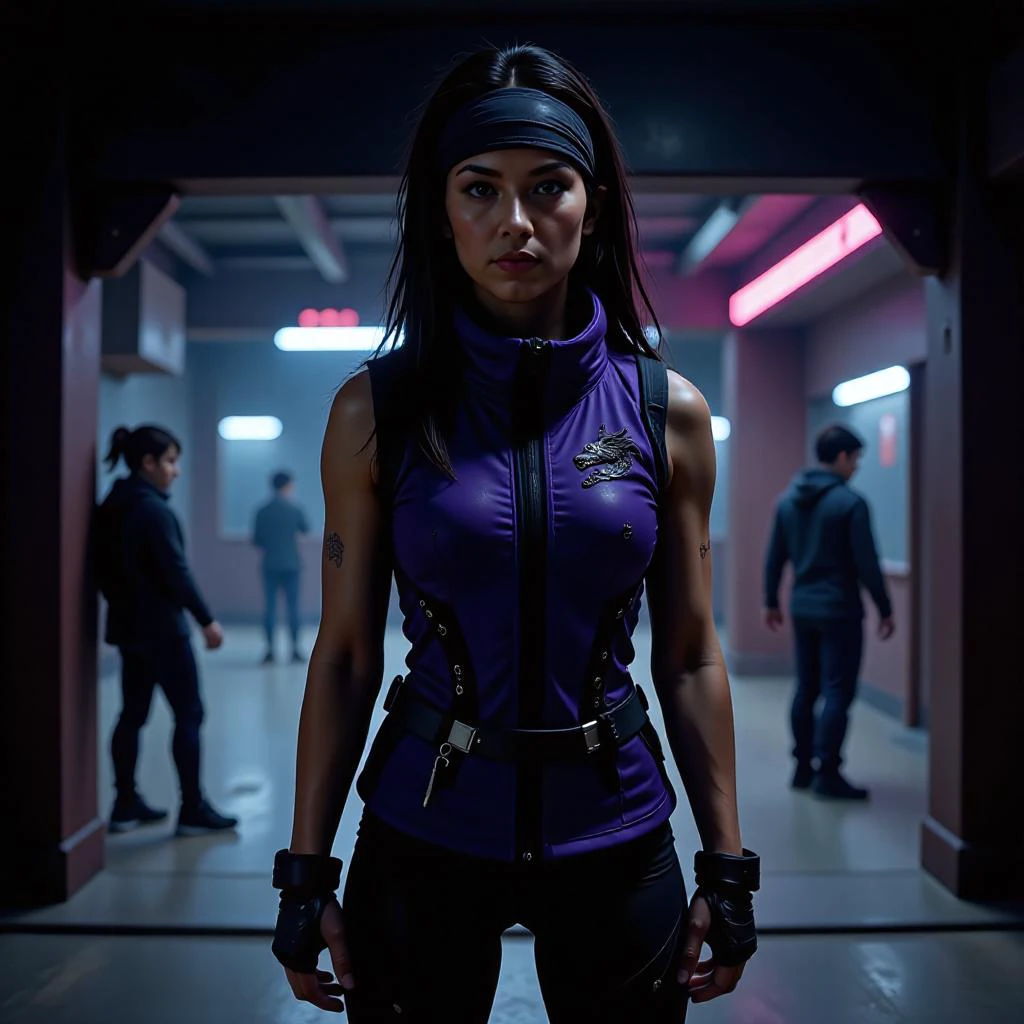 mad-cbrpnk-dtlr, (silent ninja) korean young woman, curvy build, black hair, straight hair, brown eyes, wearing a ninja wearing a ninja headband, shadow purple stealth ninja vest with black dragon motifs, stealth leggings, stealth shoes, leg wraps,, set in Stealth Training Room, Darkened space with obstacles courses, low-hanging ropes, balance beams, students practicing stealth techniques, shadows dancing on the walls, occasional whispers of instruction from trainers ,, <lora:scifi/Neon_Cyberpunk_Detailer_FLUX_multi_trigger:1.0>, hologram, neon sign, futuristic, <lora:art and styles/FredFraiStyle-FLUX-Share:0.8>,FredFraiStyle, Knight, Armor, Warrior,