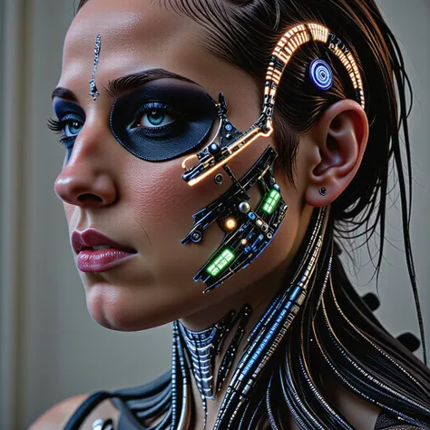 style of H. R. Giger, portrait of a biomechanical cybernetic person, Fine silver wires threaded directly through flesh in graceful whorls and loops, hair-thin conduits catching the light, Holographic tattoos emitting radiant etchings into neck tissue that display functions and shimmering PCB landscapes implants and augments,<lora:art and styles/style_of_H._R._Giger_FLUX_295-000006>,