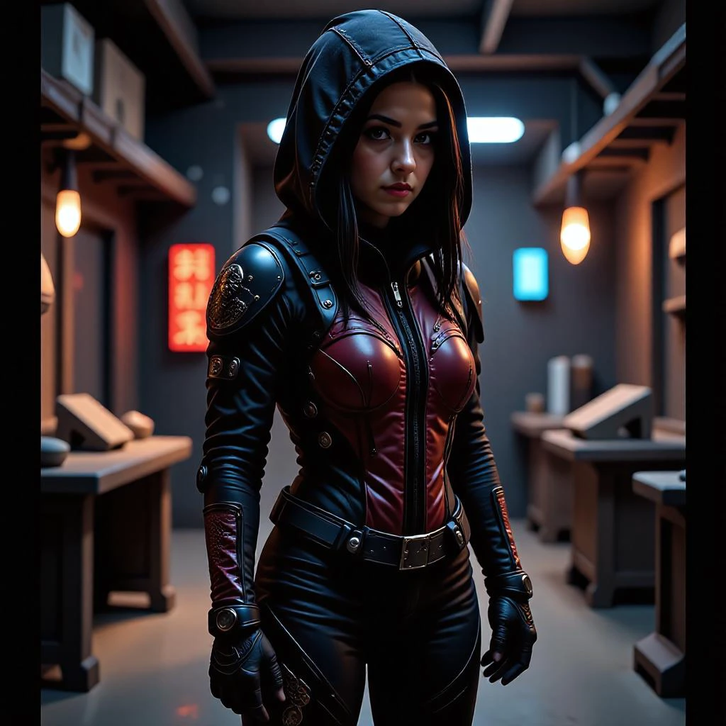 mad-cbrpnk-dtlr, (stealthy ninja) korean young woman, willowy build, black hair, straight hair, dark brown eyes, wearing a ninja wearing a stealth hood, dark red padded ninja tunic with a dragon motif, shadow pants, ninja slippers, fingerless gloves,, set in Armory, Dimly lit chamber with rows of weapon racks, armor stands showcasing various ninja gear, sharpening stones on tables, flickering torches on the walls, a faint smell of oil and metal , at sunset,, <lora:scifi/Neon_Cyberpunk_Detailer_FLUX_multi_trigger:1.0>, hologram, neon sign, futuristic, <lora:scifi/dvr-transformers-flux:0.8>, mechanical, mech, biomechanical, cybernetic, robot, exosuit, bionic,