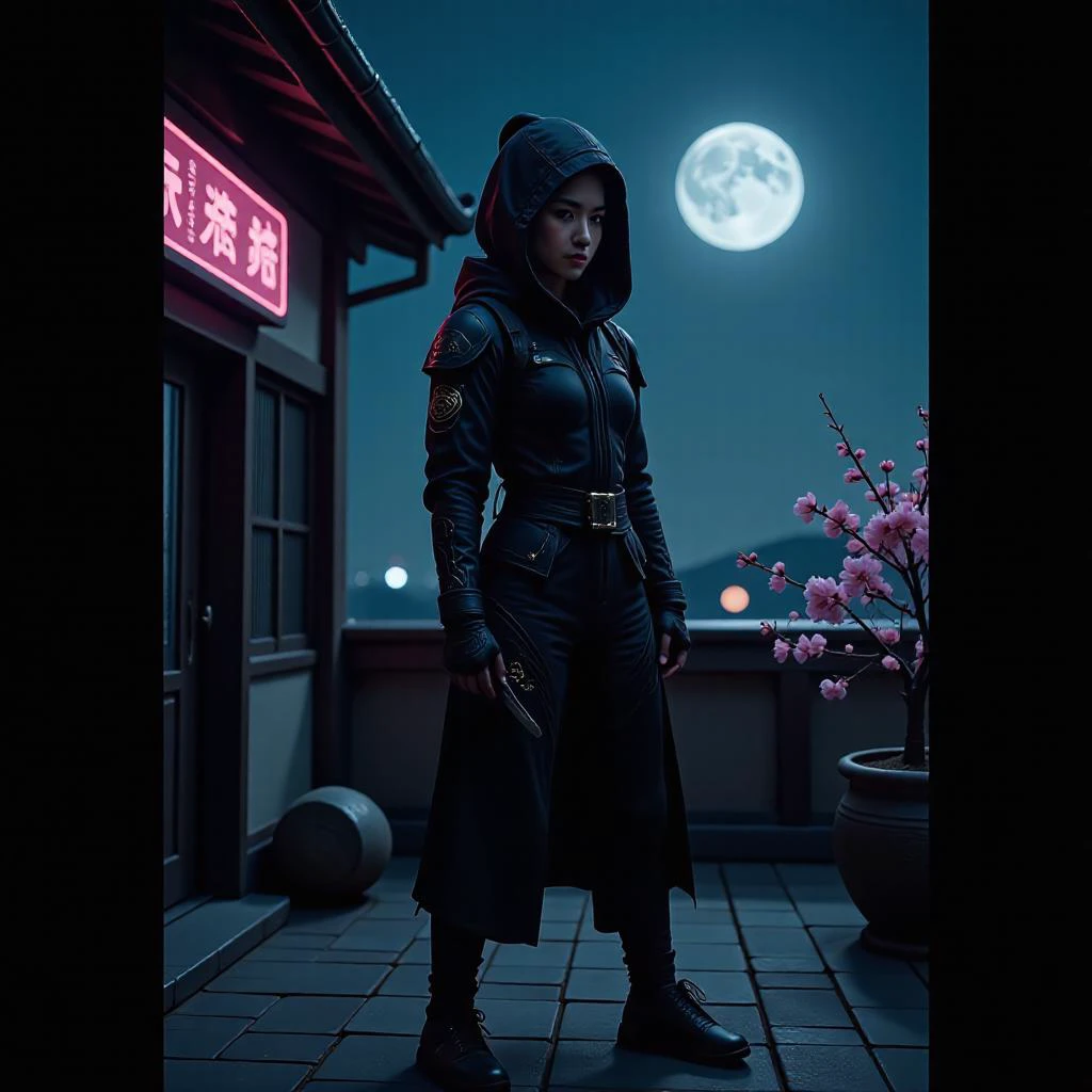 mad-llprm, mad-cbrpnk-dtlr, (shadowy ninja) chinese young woman, willowy build, black hair, straight hair, brown eyes, wearing a ninja wearing a stealth hood, black padded ninja tunic with a dragon motif, shadow pants, stealth shoes, leg wraps,, set in edo era on a Moonlit Rooftop, Stone pathways winding among miniature rock gardens, delicate cherry blossoms in full bloom, shoji screens softly filtering moonlight, distant echoes of traditional music ,, <lora:scifi/Neon_Cyberpunk_Detailer_FLUX_multi_trigger:1.0>, hologram, neon sign, futuristic, <lora:scifi/Neon_Cyberpunk_AllaPrima:0.8>,