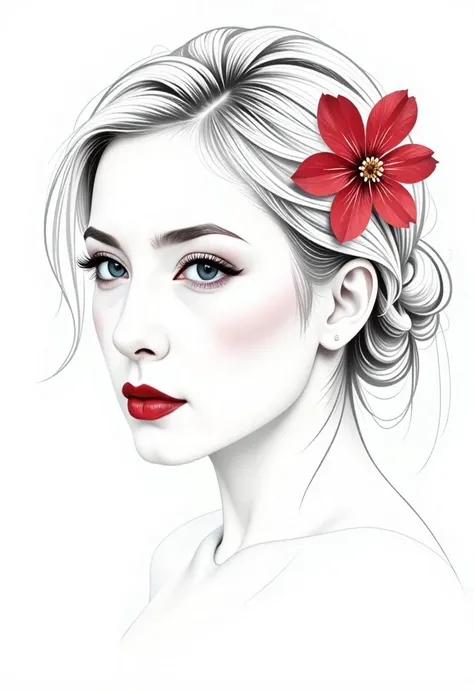 outline japanese woman face, blond hair with red cherry blossom, b&w sketch drawing style, fine line, white background, elegant vibes, glamour, 3D, 32k