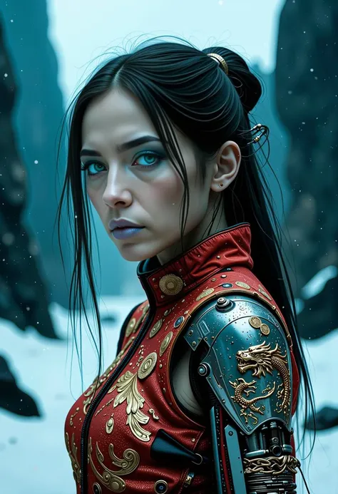 a post-apocalypse portrait of a young beautiful cyberpunk Chinese woman with mechanical_arms and pale skin and long dark hair, blue mystical make up, striking white eyes with , pale blue lips. She wears an ornate, traditional garment in red gold and blue with dragon-like designs on the shoulders. Set against a blurred snowy landscape with dark rocks and trees creating a serene mystical atmosphere. The style focuses on realistic textures, intricate details, and ethereal beauty, evoking a contemplative, mystical mood.   <lora:flux/aidmaImageUpgrader-FLUX-V0.2>, aidmaimageupgrader,  <lora:Magic of Art 2 (FLUX)>, Cinematic style, Beauty, Realism, Photorealism, Chiaroscuro, High quality,  <lora:flux/mjv6_lora flux.safetensors_converted>