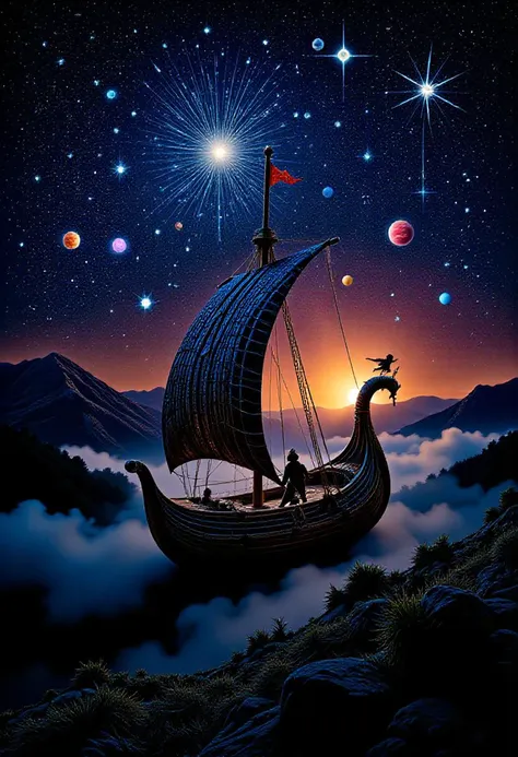 In the style of the Renaissance, a majestic enchanted sailboat takes center stage, its sails billowing with an otherworldly breeze as it navigates the twilight sky as if carried aloft by the winds of fancy and wonder. With a magic flying explorer at the helm, the vessel embarks on a gravity-defying quest, venturing towards the Pleiades amidst the celestial bodies. A mesmerizing mosaic of stars, planets, crafted from thousands of precious gemstones, illuminates the scene. Mist and fog blanket the scene, imbuing a tangible sense of mystery and intrigue. The cosmos stretches outwards, welcoming the intrepid voyager into the eternal embrace of the night sky, as the mosaic tile art guides them along a path of discovery, adventure, and transformation. Realistic, with a focus on perspective, light and shadow, and a subtle nod to religious or mythological themes. <lora:artist/style_of_Edvard_Munch_FLUX_115:0.4>, style of edvard munch,