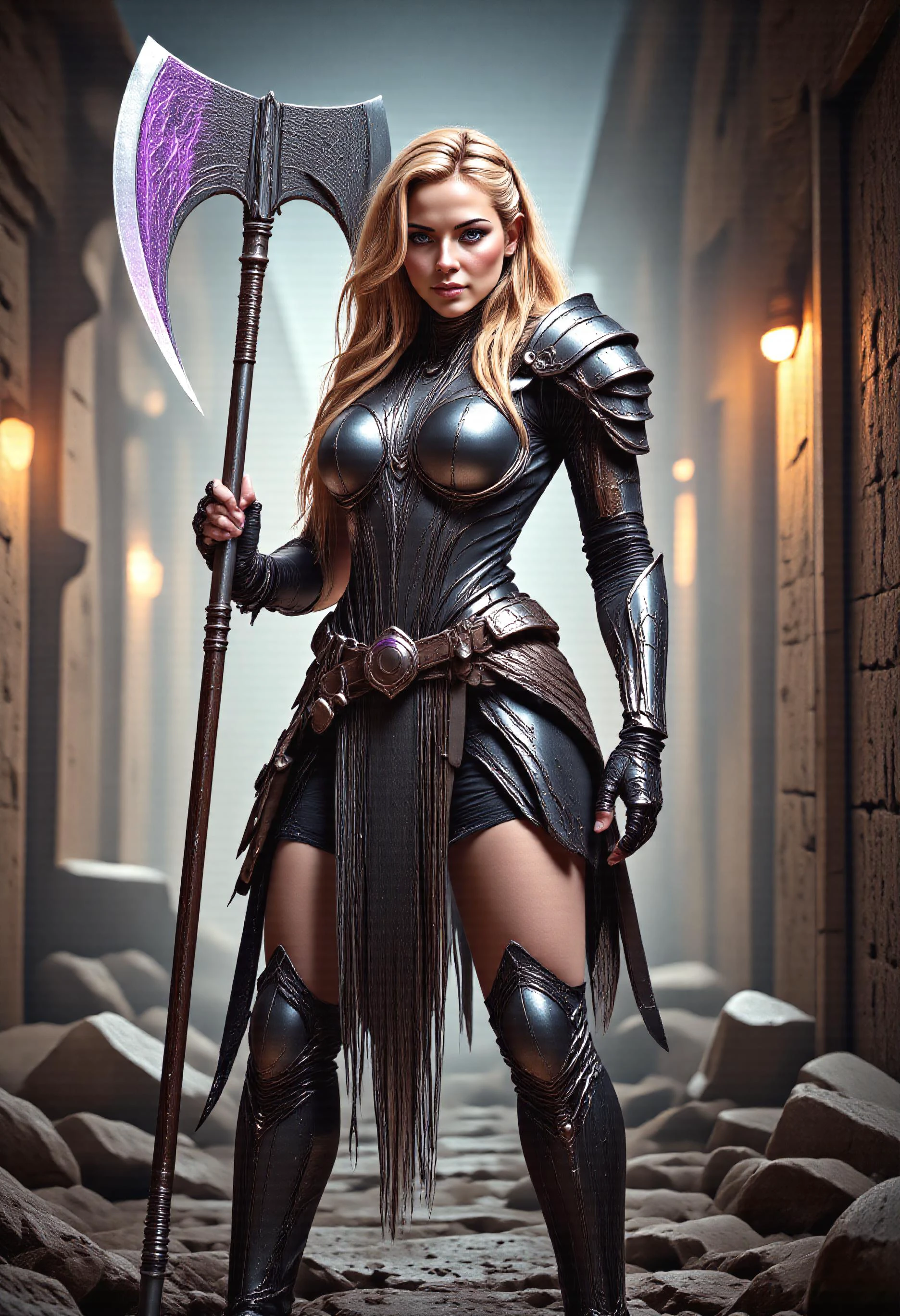 Vibrant Rim Light, vikingpunk paladin in futuristic cyberpunk plate armor holding a long axe, purple energy crackling around her and her armor, standing in a cyberpunk slum, apartment, her long blond he floats in the air, mad-cbrpnk-dtlr, Beauty, realism, chiaroscuro, cinematic quality, rays of light, play of shadow and light, realistic, detailmaximizer,, bright rim light, high contrast, bold edge light