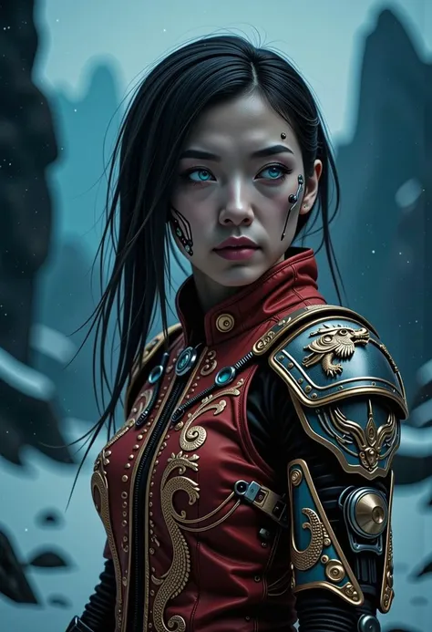 a post-apocalypse portrait of a young beautiful cyberpunk Chinese woman with cybernetic implants and mechanical_arms and pale skin and long dark hair, blue mystical make up, striking white eyes with , pale blue lips. She wears an ornate, traditional garment in red gold and blue with dragon-like designs on the shoulders. Set against a blurred snowy landscape with dark rocks and trees creating a serene mystical atmosphere. The style focuses on realistic textures, intricate details, and ethereal beauty, evoking a contemplative, mystical mood.   <lora:scifi/fluxAugments_v2:08> <lora:flux/aidmaImageUpgrader-FLUX-V0.2>, aidmaimageupgrader,  <lora:Magic of Art 2 (FLUX)>, Cinematic style, Beauty, Realism, Photorealism, Chiaroscuro, High quality,  <lora:flux/mjv6_lora flux.safetensors_converted>