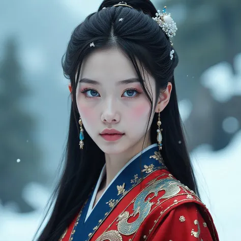 portrait of a young beautiful cyberpunk Chinese woman with pale skin and long dark hair, blue mystical make up, striking white eyes with ,  pale blue lips. She wears an ornate, traditional garment in red gold and blue with dragon-like designs on the shoulders. Set against a blurred snowy landscape with dark rocks and trees creating a serene mystical atmosphere. The style focuses on realistic textures, intricate details, and ethereal beauty, evoking a contemplative, mystical mood. highly detailed background, perfection style,<lora:flux/flux_realism_lora>