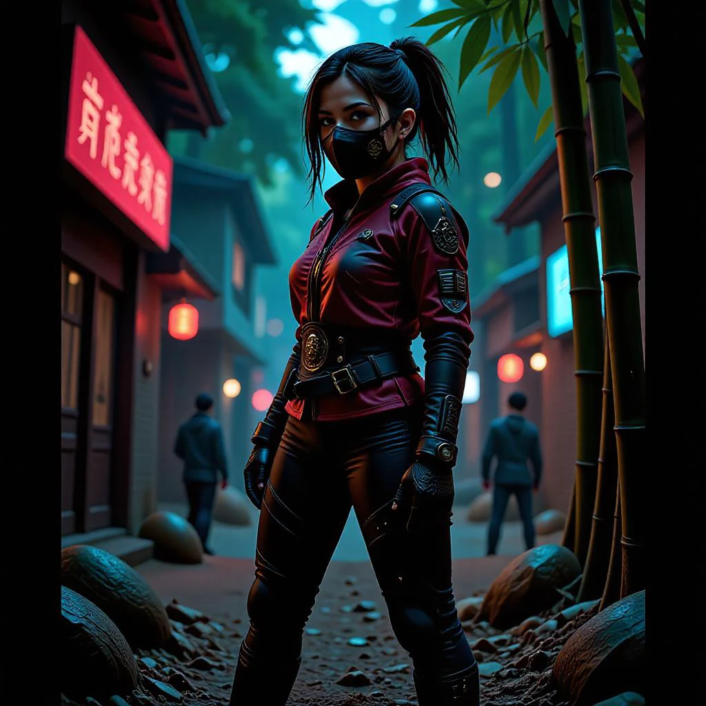 mad-cbrpnk-dtlr, (masked ninja) japanese young woman, full-figured build, black hair, hime haircut, brown eyes, wearing a ninja wearing a ninja headband, dark red ninja gi with black dragon motifs, stealth leggings, tabi boots, fingerless gloves,, set in Bamboo Thicket, Enigmatic labyrinth of slender green stems, shafts of sunlight piercing the thick canopy, a chorus of chirping insects filling the air, occasional glimpses of elusive wildlife darting through the undergrowth , at night,, <lora:scifi/Neon_Cyberpunk_Detailer_FLUX_multi_trigger:1.0>, hologram, neon sign, futuristic, <lora:art and styles/FredFraiStyle-FLUX-Share:0.8>,FredFraiStyle, Knight, Armor, Warrior,