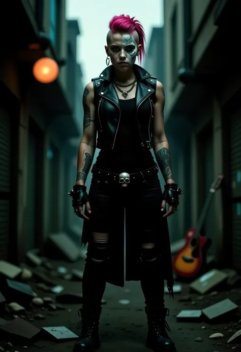 post-apocalyptic young woman with a punk aesthetic in a gritty urban environment, shaved left side and a mohawk styled on the right dyed a vibrant, magenta pink, intricate white skull and crossbones face paint, cybernetic implants visible on her face, sleeveless vikingpunk black leather jacket with various patches and symbols showing off her mechanical_arms, full-length black top, black skin-tight distressed jeans, multiple piercings, leather belt with decorative skull, black combat-style boots with chains and spikes, standing amidst a rough, dirty building, lean-muscular physique, numerous intricate tattoos, background with dystopian landscape, broken buildings, rusty pipes, abandoned guitar leaning against a wall, dim, neon-lit glow, atmosphere of rebellion and urban decay, fusion of cyberpunk and vikingpunk vibes. <lora:flux/aidmaImageUpgrader-FLUX-V0.2>, aidmaimageupgrader, <lora:flux/perfection style v3b>, perfection style v3, <lora:Magic of Art  2  (FLUX)>, Cinematic style, Beauty, Realism, Photorealism, Chiaroscuro, High quality,   <lora:flux/Sinfully_Stylish_.02_for_FLUX-000002:0.8>,