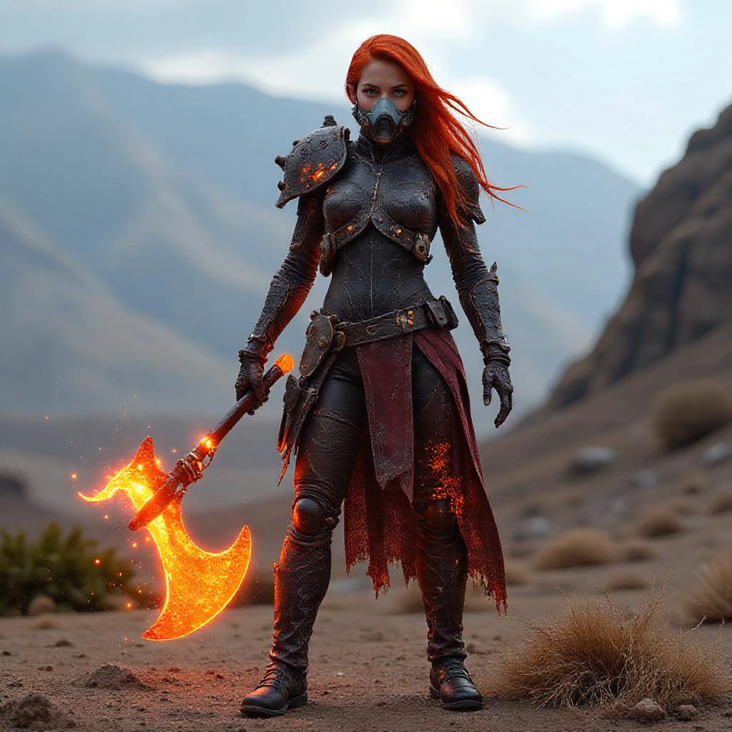 vikingpunk style, futuristic female Viking warrior wearing advanced futuritsic plate armor enveloped in red magic bioluminescence flames, mechanical parts and motors, long red hair floating in the wind and green eyes, grim expression, holding a futuristic long axe, standing post-apocalyptical wasteland ruins, red made of flames dry and barren land, rebreather mask covering mouth and nosedust, fullbody shot. <lora:scifi/fluxVikingPunk_v1:0.8>, <lora:flux/flux_realism_lora>,<lora:art and styles/Glowing_bioluminescent_world_for_Flux_-_by_Ethanar:0.3>