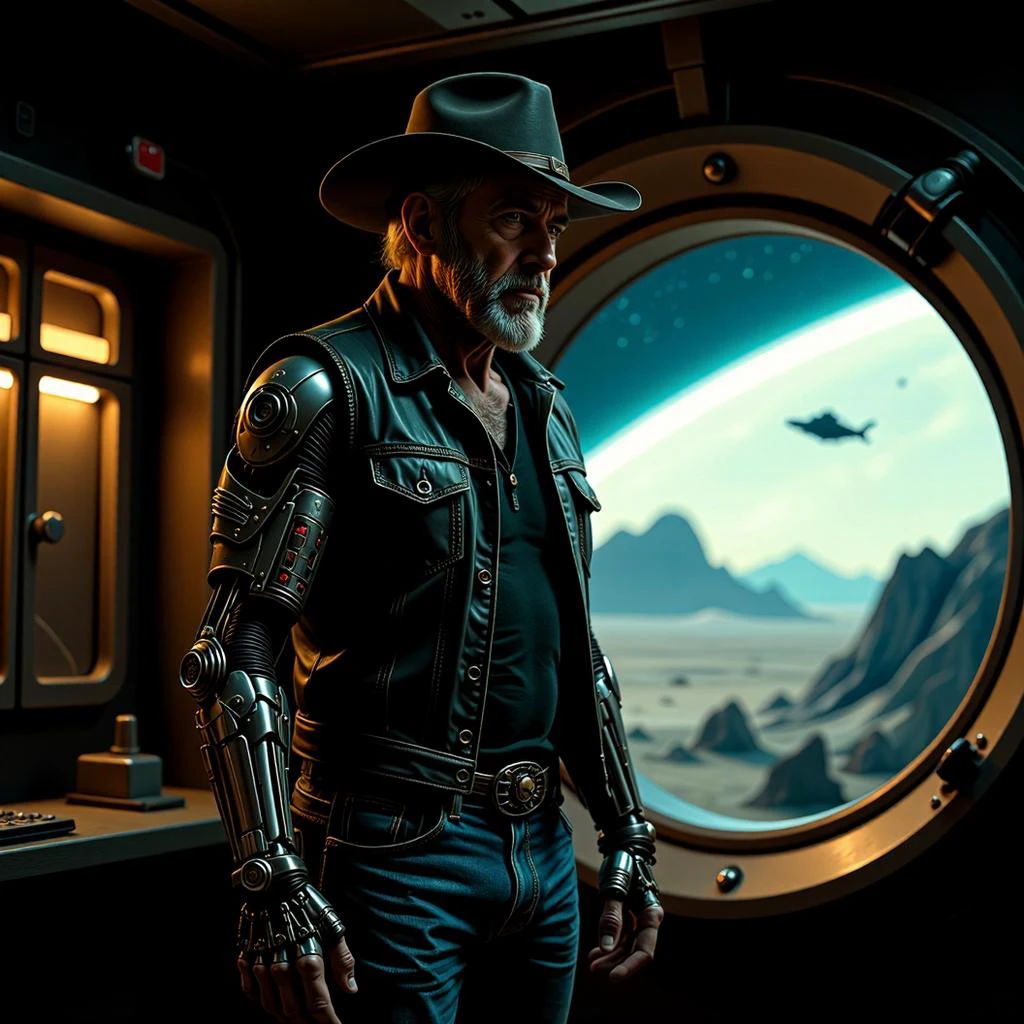 The glow of artificial lighting illuminates a fractal 3D space station's interior, where a grizzled nanobot-enhanced man stands, his weathered face bathed in soft light. This Westernpunk scene, with a backdrop of a viewport revealing the vastness of space, creates a captivating atmosphere. The mature man, a fusion of cowboy_western and futuristic technology, embodies the spirit of a space cowboy. His rugged appearance, with sleevless tops that show off his Biopunk mechanical_arms with organic tissue grafts, vein-like patterns melding flesh and metal with matching nanofiber implants implants, tells a tale of resilience and adventure in this desolate yet awe-inspiring environment. He is wearing levis 501 jeans, a wide brim Stetson cowboy_hat, cowboy_western, with a tough of steampunk styling. This highly detailed portrayal, with a dramatic mood, captures a moment of quiet contemplation, leaving viewers enthralled by the man's unique presence and the endless possibilities that lie beyond the viewport. <lora:scifi/fluxWesternPunk_v1:0.7>, <lora:flux/aidmaImageUpgrader-FLUX-V0.2:1>, aidmaimageupgrader, realistic, <lora:scifi/dvr-transformers-flux:1.0>,