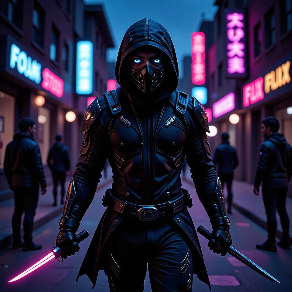 mad-cbrpnk-dtlr, The neon-lit streets of a futuristic city provide the backdrop for a cyberpunk ninja, a shadowy figure of mystery and agility. Their outfit, a fusion of traditional ninja attire and advanced technology, features a sleek bodysuit with integrated circuits and glowing interfaces, allowing for enhanced agility and stealth. A hooded cowl conceals their identity, while a pair of augmented eyes, glowing with digital displays, provide enhanced vision and tactical information. Armed with a pair of katanas, their blades emitting a soft hum, and shuriken concealed in hidden compartments, they move with precision, their movements a blur of speed and grace. The city's dark alleys and glowing advertisements create a dramatic atmosphere, as the ninja's presence, a blend of ancient traditions and futuristic innovations, leaves onlookers in awe, their identity and purpose shrouded in secrecy. <lora:scifi/Neon_Cyberpunk_Detailer_FLUX_multi_trigger:1.0>, hologram, neon sign, futuristic,