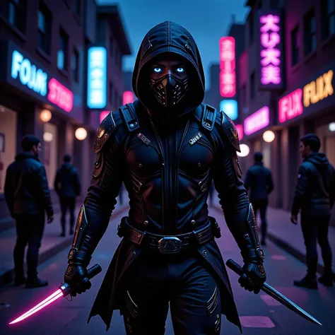 mad-cbrpnk-dtlr,  The neon-lit streets of a futuristic city provide the backdrop for a cyberpunk ninja, a shadowy figure of mystery and agility. Their outfit, a fusion of traditional ninja attire and advanced technology, features a sleek bodysuit with integrated circuits and glowing interfaces, allowing for enhanced agility and stealth. A hooded cowl conceals their identity, while a pair of augmented eyes, glowing with digital displays, provide enhanced vision and tactical information. Armed with a pair of katanas, their blades emitting a soft hum, and shuriken concealed in hidden compartments, they move with precision, their movements a blur of speed and grace. The city's dark alleys and glowing advertisements create a dramatic atmosphere, as the ninja's presence, a blend of ancient traditions and futuristic innovations, leaves onlookers in awe, their identity and purpose shrouded in secrecy.  <lora:scifi/Neon_Cyberpunk_Detailer_FLUX_multi_trigger:1.0>, hologram, neon sign, futuristic,