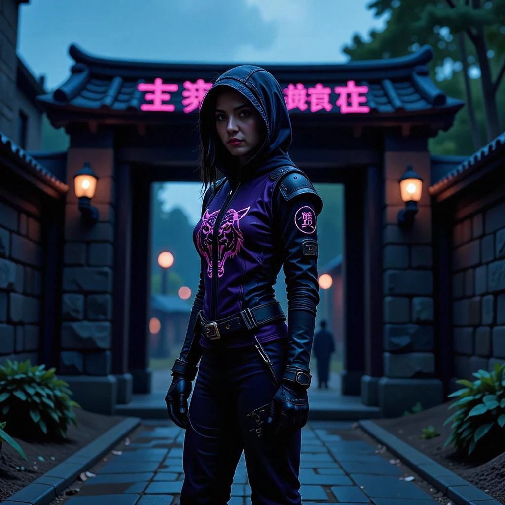 mad-cbrpnk-dtlr, (stealthy ninja) chinese young woman, busty build, black hair, hime haircut, dark brown eyes, wearing a ninja wearing a stealth hood, shadow purple ninja gi with a tiger motif, loose-fitting pants, stealth shoes, fingerless gloves,, set in Village Gate, Entryway guarded by imposing stone walls, watchtowers looming overhead, torches flickering in sconces, guards patrolling the perimeter, the occasional rustle of leaves from the surrounding forest ,, <lora:scifi/Neon_Cyberpunk_Detailer_FLUX_multi_trigger:1.0>, hologram, neon sign, futuristic, <lora:scifi/RM_TacExoGear_v0.2:0.8>, TacExoGear, Exosuit, Tactical, Futuristic