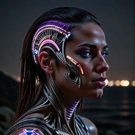 style of H. R. Giger, portrait of a biomechanical cybernetic person,  Fine silver wires threaded directly through flesh in graceful whorls and loops, hair-thin conduits catching the light, Neon-infused nanobot tattoos pulsing and glowing beneath skin in synchronization with the wearer's heartbeat, forming intricate geometric patterns implants and augments,<lora:art and styles/style_of_H._R._Giger_FLUX_295-000006>,