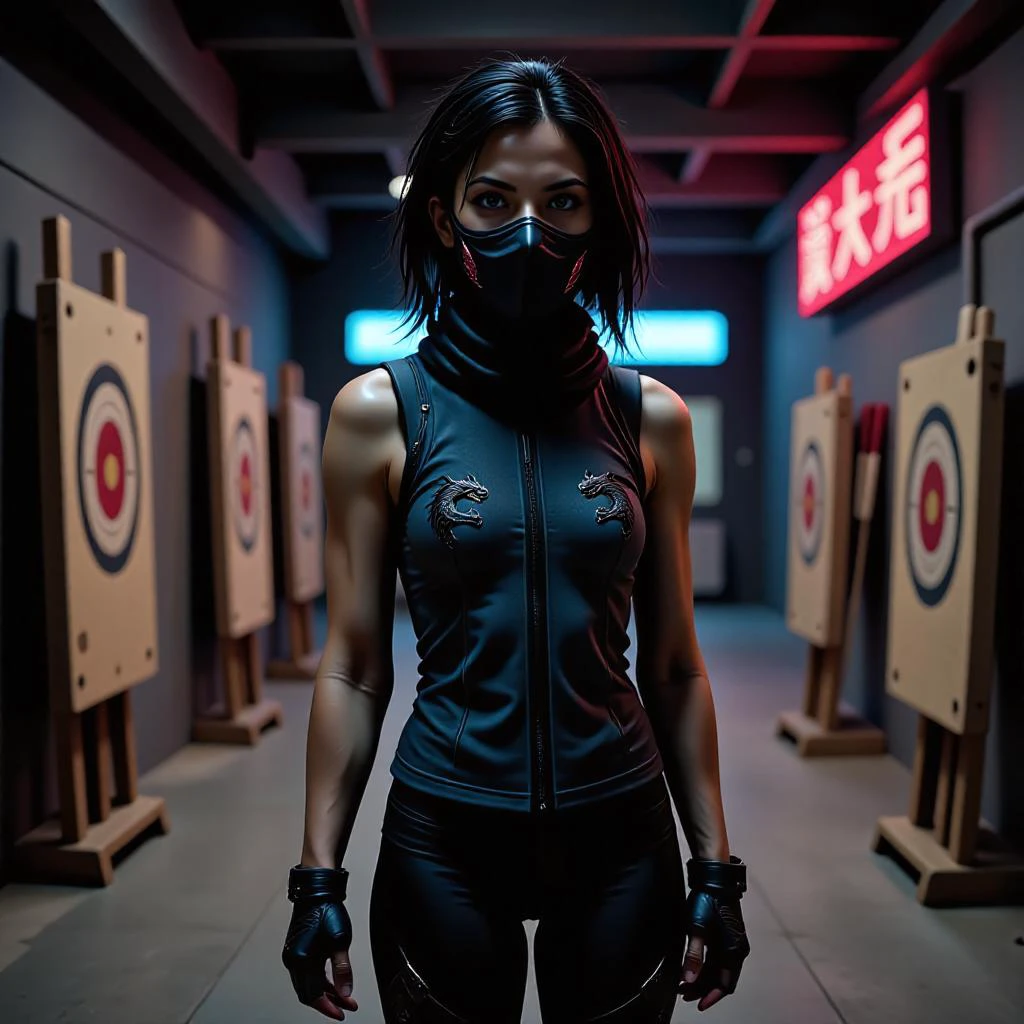 mad-cbrpnk-dtlr, (masked ninja) japanese young woman, slender build, black hair, hime haircut, brown eyes, wearing a ninja wearing a scarf mask, dark gray sleeveless ninja top with black dragon motifs, stealth leggings, lightweight sandals, fingerless gloves,, set in Archery Range, Long room with straw targets lining one wall, wooden bows resting on racks, arrows neatly organized in quivers, a faint smell of wood and leather, the occasional sound of an arrow hitting its mark echoing through the room , at night,, <lora:scifi/Neon_Cyberpunk_Detailer_FLUX_multi_trigger:1.0>, hologram, neon sign, futuristic, <lora:scifi/dvr-transformers-flux:0.8>, mechanical, mech, biomechanical, cybernetic, robot, exosuit, bionic,