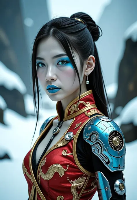 a post-apocalypse portrait of a young beautiful cyberpunk Chinese woman with mechanical_arms and pale skin and long dark hair, blue mystical make up, striking white eyes with , pale blue lips. She wears an ornate, traditional garment in red gold and blue with dragon-like designs on the shoulders. Set against a blurred snowy landscape with dark rocks and trees creating a serene mystical atmosphere. The style focuses on realistic textures, intricate details, and ethereal beauty, evoking a contemplative, mystical mood.   <lora:flux/aidmaImageUpgrader-FLUX-V0.2>, aidmaimageupgrader, <lora:Magic of Art  2  (FLUX)>, Cinematic style, Beauty, Realism, Photorealism, Chiaroscuro, High quality, <lora:flux/Sinfully_Stylish_.02_for_FLUX-000002:0.8>, <lora:scifi/fluxAugments_v2>