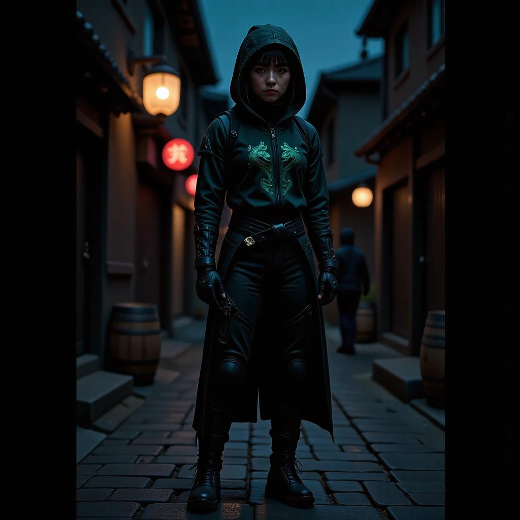 mad-cbrpnk-dtlr, (stealthy ninja) korean young woman, slim build, black hair, hime haircut, brown eyes, wearing a ninja wearing a stealth hood, dark green ninja gi with a dragon motif, shadow pants, padded shoes, utility belt,, set in Shadowy Alley in edo era, Narrow passage with uneven cobblestone flooring, flickering lanterns casting dim light, wooden barrels stacked against walls, stray cats darting between shadows, the distant sound of echoing footsteps , at night,, <lora:scifi/Neon_Cyberpunk_Detailer_FLUX_multi_trigger:1.0>, hologram, neon sign, futuristic, <lora:art and styles/FredFraiStyle-FLUX-Share:0.8>,FredFraiStyle, Knight, Armor, Warrior,