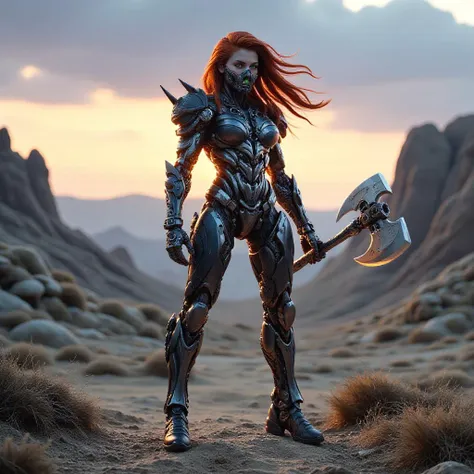 Amidst the ruins of a post-apocalyptic wasteland at twilight, a determined and confident female cybernetic Vikingpunk warrior with mechanical arms stands tall, her advanced exosuit glowing with bioluminescent flames. The wind catches her long fiery hair, framing her determined expression and green eyes. She wields a futuristic bioluminescent battleaxe, ready for any challenge. The desolate landscape, barren and dry, serves as a backdrop to her formidable presence. With a futuristic rebreather mask covering part of her face, she embodies the fusion of ancient Viking culture and cutting-edge technology, leaving a lasting impression of strength and resilience in this harsh environment. <lora:scifi/fluxVikingPunk_v1:0.8>,  <lora:flux/flux_realism_lora>, <lora:art and styles/Glowing_bioluminescent_world_for_Flux_-_by_Ethanar:0.3>, glowing, outdoors  <lora:scifi/dvr-transformers-flux:0.8>,