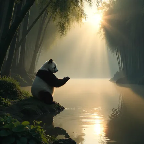 tranquil pond in a bamboo forest at dawn, sun is barely starting to peak over the horizon, panda practices Tai Chi near the edge of the pond, atmospheric perspective through the mist of morning dew, sunbeams, its movements are graceful and fluid - creating a sense of harmony and balance, the pond's calm waters reflecting the scene, inviting a sense of meditation and connection with nature, style of Howard Terpning and Jessica Rossier, perfection style,<lora:flux/flux_realism_lora>, <lora:flux/Herbst_Photo_35mm v2>, herbstphoto,