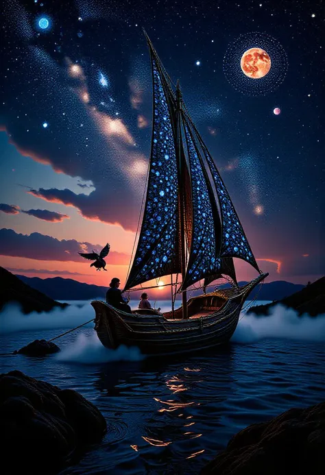 In the style of the Renaissance, a majestic enchanted sailboat takes center stage, its sails billowing with an otherworldly breeze as it navigates the twilight sky as if carried aloft by the winds of fancy and wonder. With a magic flying explorer at the helm, the vessel embarks on a gravity-defying quest, venturing towards the Pleiades amidst the celestial bodies. A mesmerizing mosaic of stars, planets, crafted from thousands of precious gemstones, illuminates the scene. Mist and fog blanket the scene, imbuing a tangible sense of mystery and intrigue. The cosmos stretches outwards, welcoming the intrepid voyager into the eternal embrace of the night sky, as the mosaic tile art guides them along a path of discovery, adventure, and transformation. Realistic, with a focus on perspective, light and shadow, and a subtle nod to religious or mythological themes. <lora:artist/style_of_Edvard_Munch_FLUX_115:0.4>, style of edvard munch,