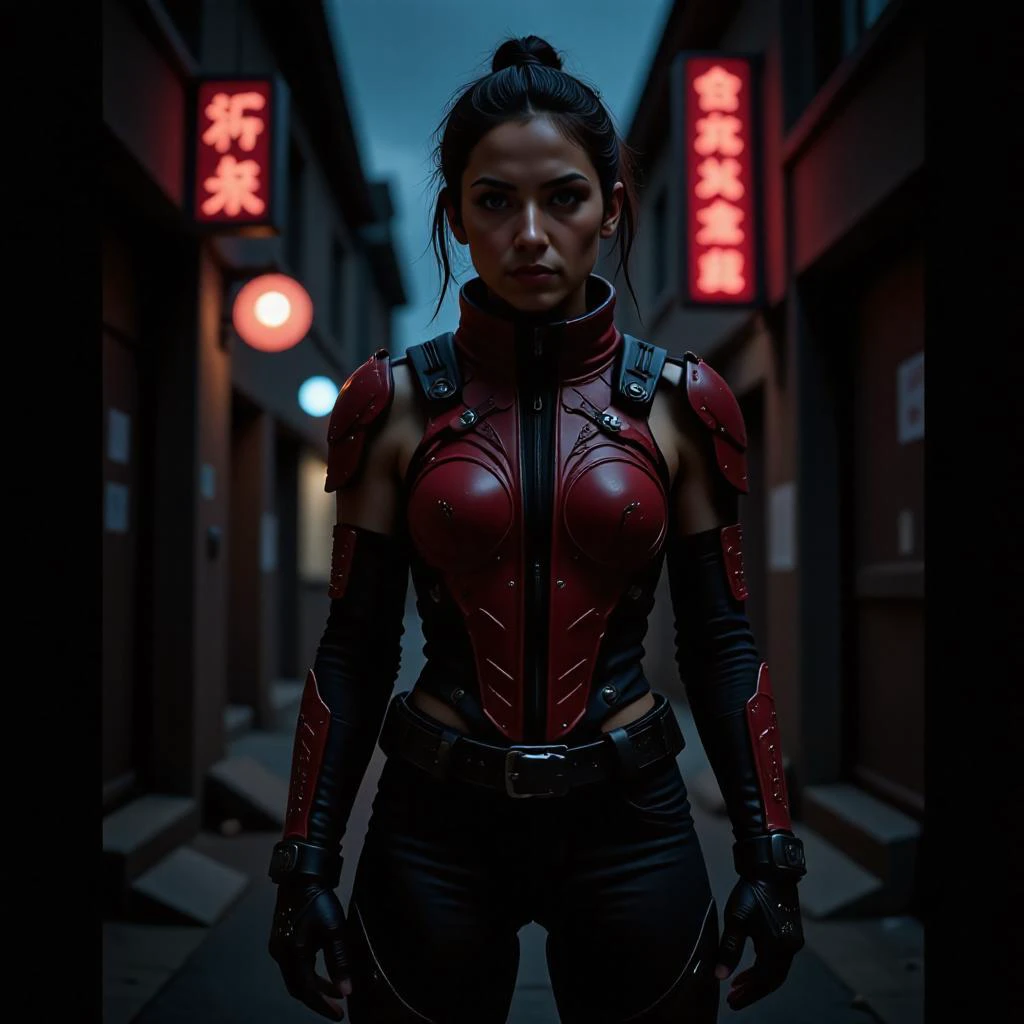 mad-cbrpnk-dtlr, (lethal ninja) chinese young woman, normal build, black hair, hairbun, brown eyes, wearing a ninja wearing a ninja headband, crimson armored ninja tunic with a dragon motif, reinforced pants, stealth shoes, combat belt,, set in a dark alley, with shadowy corners, old graffiti, and an echo of distant footsteps ,, <lora:scifi/Neon_Cyberpunk_Detailer_FLUX_multi_trigger:1.0>, hologram, neon sign, futuristic, <lora:scifi/dvr-transformers-flux:0.8>, mechanical, mech, biomechanical, cybernetic, robot, exosuit, bionic,