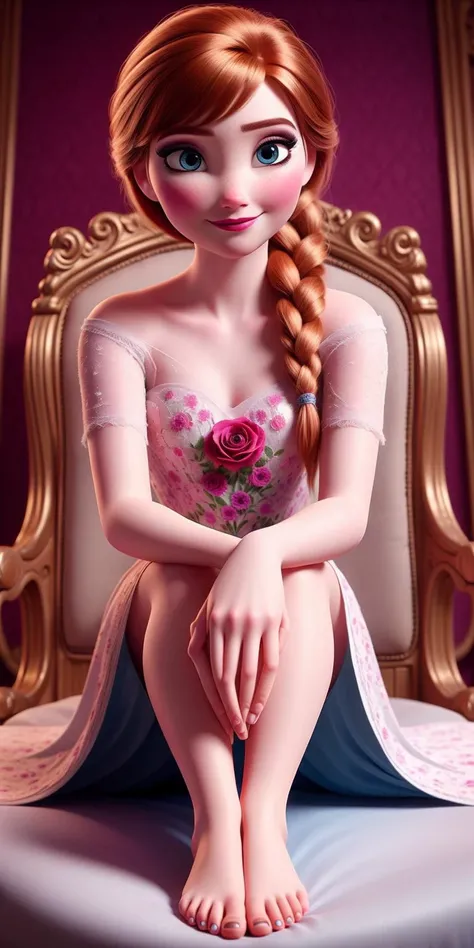 <lora:Elsa_Anna_Dalle3_V1:1>,1GIRLS, anna sitting on throne her bare feet towards to viewer,makeup,detail face,blush,purple eyeshadow, rose on hair,simple background, white dress,