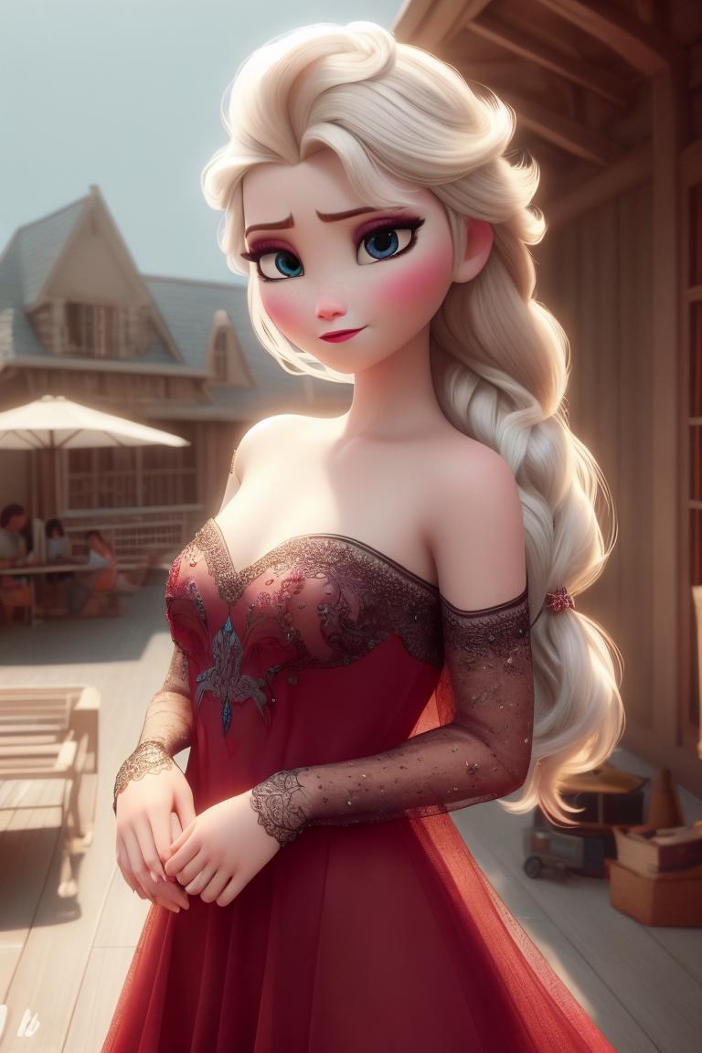 A close up of a woman in a red dress standing on a porch - SeaArt AI