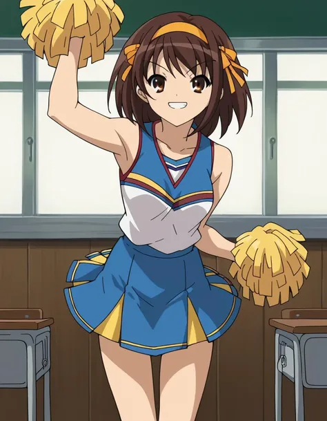 score_9, score_8_up, score_7_up, source_anime,
haruhisuzumiya, <lora:haruhi-suzumiya-s1-ponyxl-lora-nochekaiser:1>,
haruhi suzumiya, short hair, brown hair, brown eyes, hairband, medium hair, ribbon, hair ribbon,
skirt, pleated skirt, blue skirt, cheerleader, pom pom \(cheerleading\), sleeveless,
indoors, classroom, bent over, smile,
looking at viewer, cowboy shot, solo,