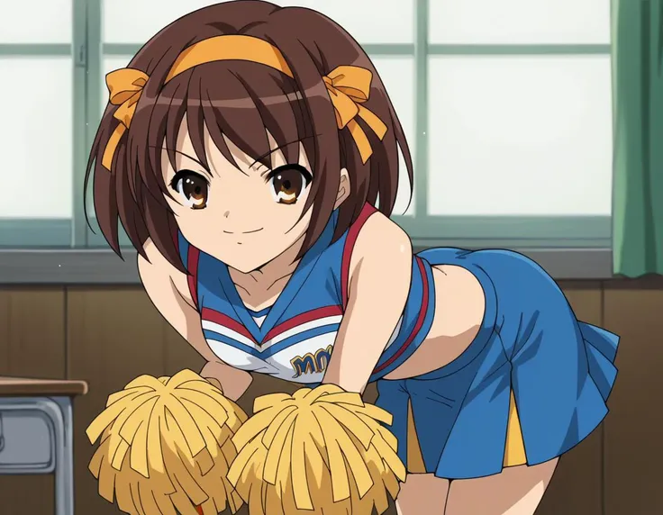 score_9, score_8_up, score_7_up, source_anime,
haruhisuzumiya,  <lora:haruhi-suzumiya-s1-ponyxl-lora-nochekaiser:1>,
haruhi suzumiya, short hair, brown hair, brown eyes, hairband, medium hair, ribbon, hair ribbon,
skirt, pleated skirt, blue skirt, cheerleader, pom pom \(cheerleading\), sleeveless,
indoors, classroom, bent over, smile,
looking at viewer, cowboy shot, solo,