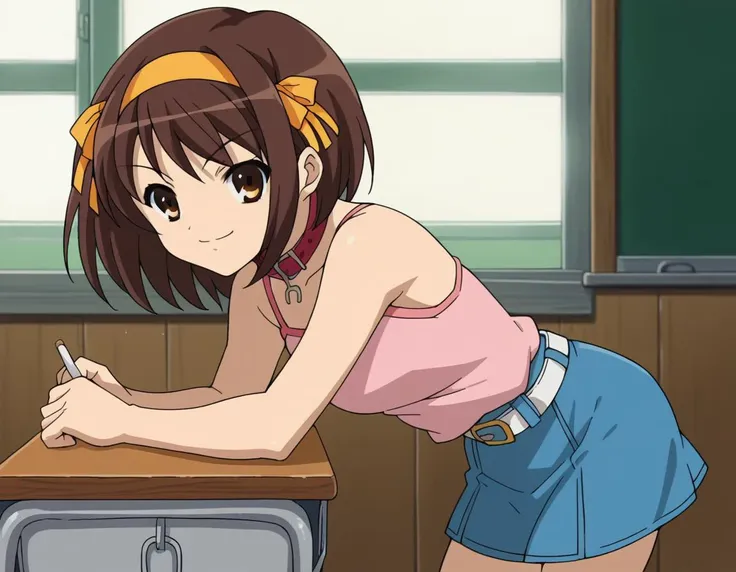 score_9, score_8_up, score_7_up, source_anime,
haruhisuzumiya,  <lora:haruhi-suzumiya-s1-ponyxl-lora-nochekaiser:1>,
haruhi suzumiya, short hair, brown hair, brown eyes, hairband, medium hair, ribbon, hair ribbon,
skirt, casual, camisole, pink camisole, bare shoulders, collar bone, belt, white belt, skirt, denim skirt, short skirt,
indoors, classroom, bent over, smile,
looking at viewer, cowboy shot, solo,