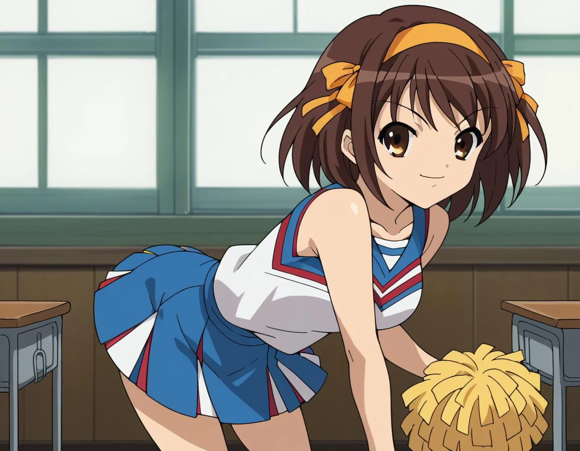 score_9, score_8_up, score_7_up, source_anime,
haruhisuzumiya, <lora:haruhi-suzumiya-s1-ponyxl-lora-nochekaiser:1>,
haruhi suzumiya, short hair, brown hair, brown eyes, hairband, medium hair, ribbon, hair ribbon,
skirt, pleated skirt, blue skirt, cheerleader, pom pom \(cheerleading\), sleeveless,
indoors, classroom, bent over, smile,
looking at viewer, cowboy shot, solo,