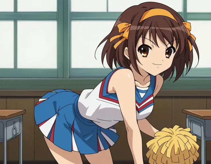 score_9, score_8_up, score_7_up, source_anime,
haruhisuzumiya,  <lora:haruhi-suzumiya-s1-ponyxl-lora-nochekaiser:1>,
haruhi suzumiya, short hair, brown hair, brown eyes, hairband, medium hair, ribbon, hair ribbon,
skirt, pleated skirt, blue skirt, cheerleader, pom pom \(cheerleading\), sleeveless,
indoors, classroom, bent over, smile,
looking at viewer, cowboy shot, solo,