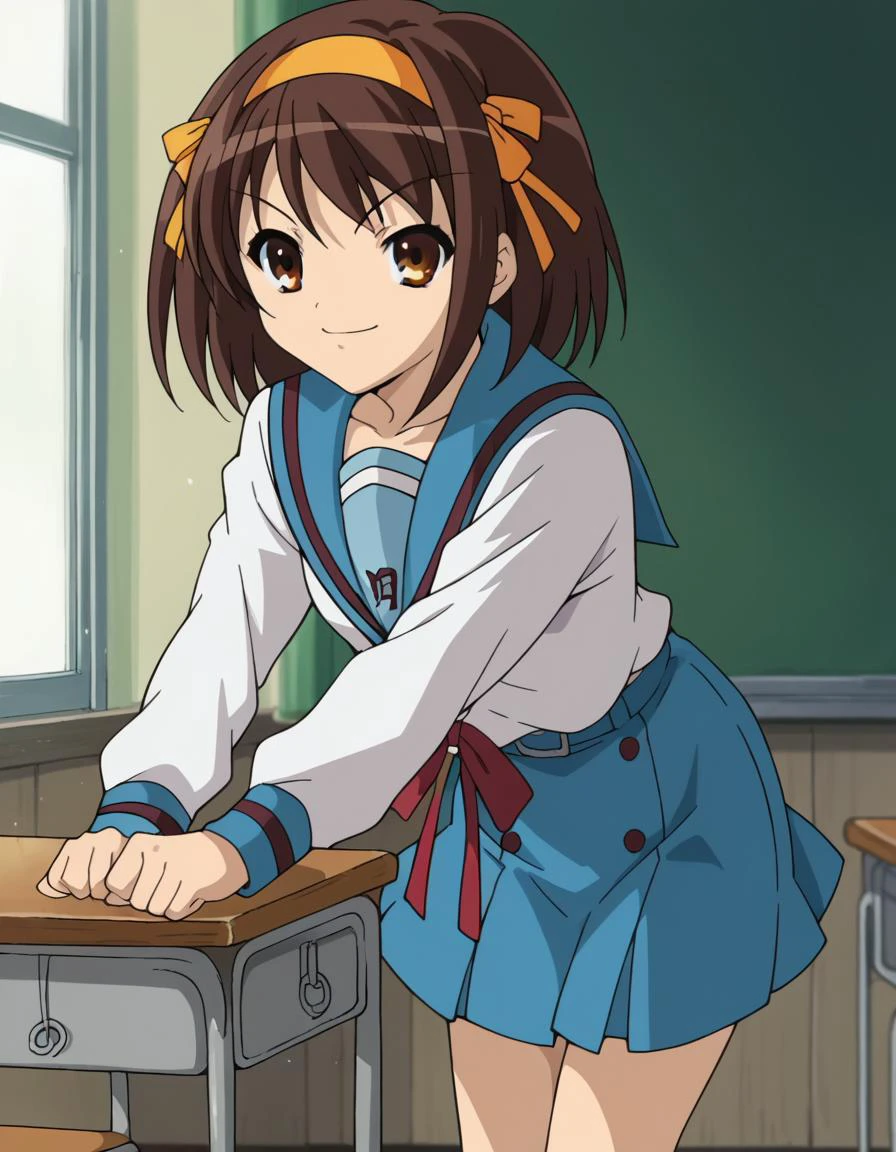 score_9, score_8_up, score_7_up, source_anime,
haruhisuzumiya, <lora:haruhi-suzumiya-s1-ponyxl-lora-nochekaiser:1>,
haruhi suzumiya, short hair, brown hair, brown eyes, hairband, medium hair, ribbon, hair ribbon,
skirt, long sleeves, school uniform, serafuku, sailor collar, blue skirt, blue sailor collar, winter uniform, kita high school uniform,
indoors, classroom, bent over, smile,
looking at viewer, cowboy shot, solo,