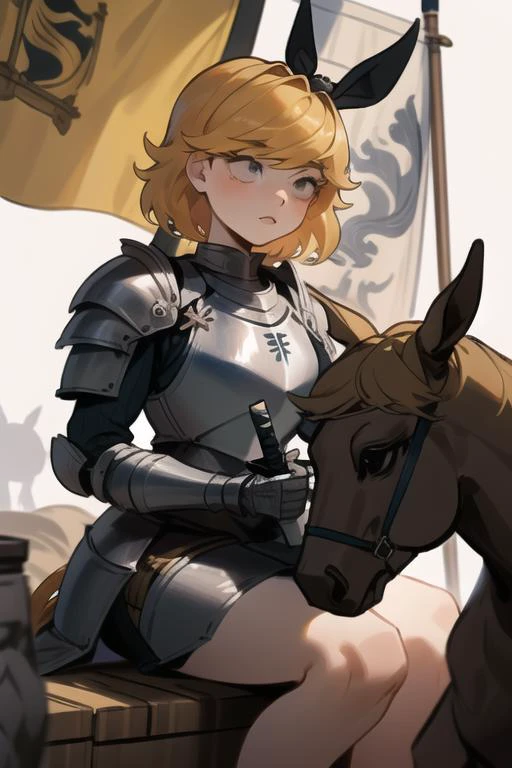 detailed background, <lora:derpina-09:1> derpina, sitting on horse, epic scene, holding sword, female knight armor, flag, horse, solo, masterpiece, best quality