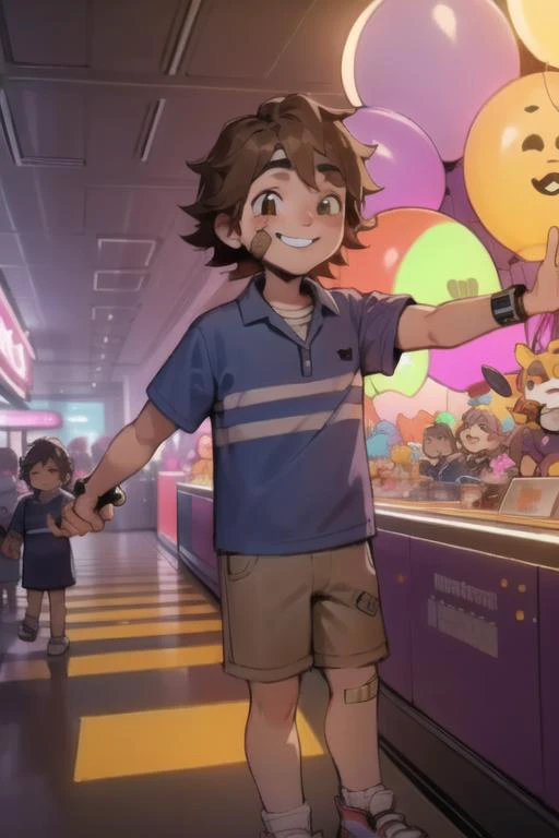 detailed background,    <lora:fnaf gregory-06:1> gregory, brown hair, shirt, child , blue shirt, bandaid, bandaid on face, brown shorts, striped shirt, colorful place, baloons background, massive area, purple mall interior, neon lights, cyberpunk, smiling, happy, masterpiece, best quality