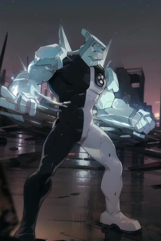 <lora:ben10 diamondhead-05:1> diamondhead, action scene, action pose, amazing lighting, water, destroyed city, dark sky, detailed background, masterpiece, best quality