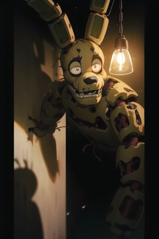 <lora:fnaf springtrap-05:1> springtrap, black background, dark background, only source of light is a hanging light bulb, investigator room, hidden in shadows, dark scary, face hidden by shadow, 8k, wide jaw, chiseled jaw, masterpiece, best quality