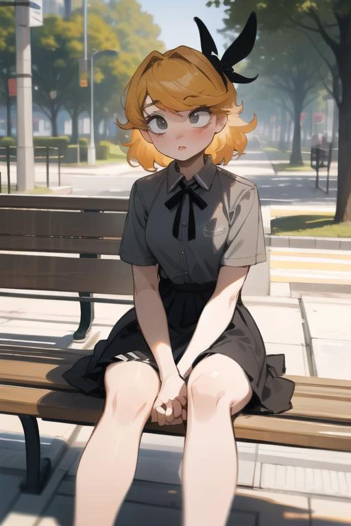 detailed background, <lora:derpina-09:1> derpina, sitting park bench, epic scene, solo, public park, park background, masterpiece, best quality