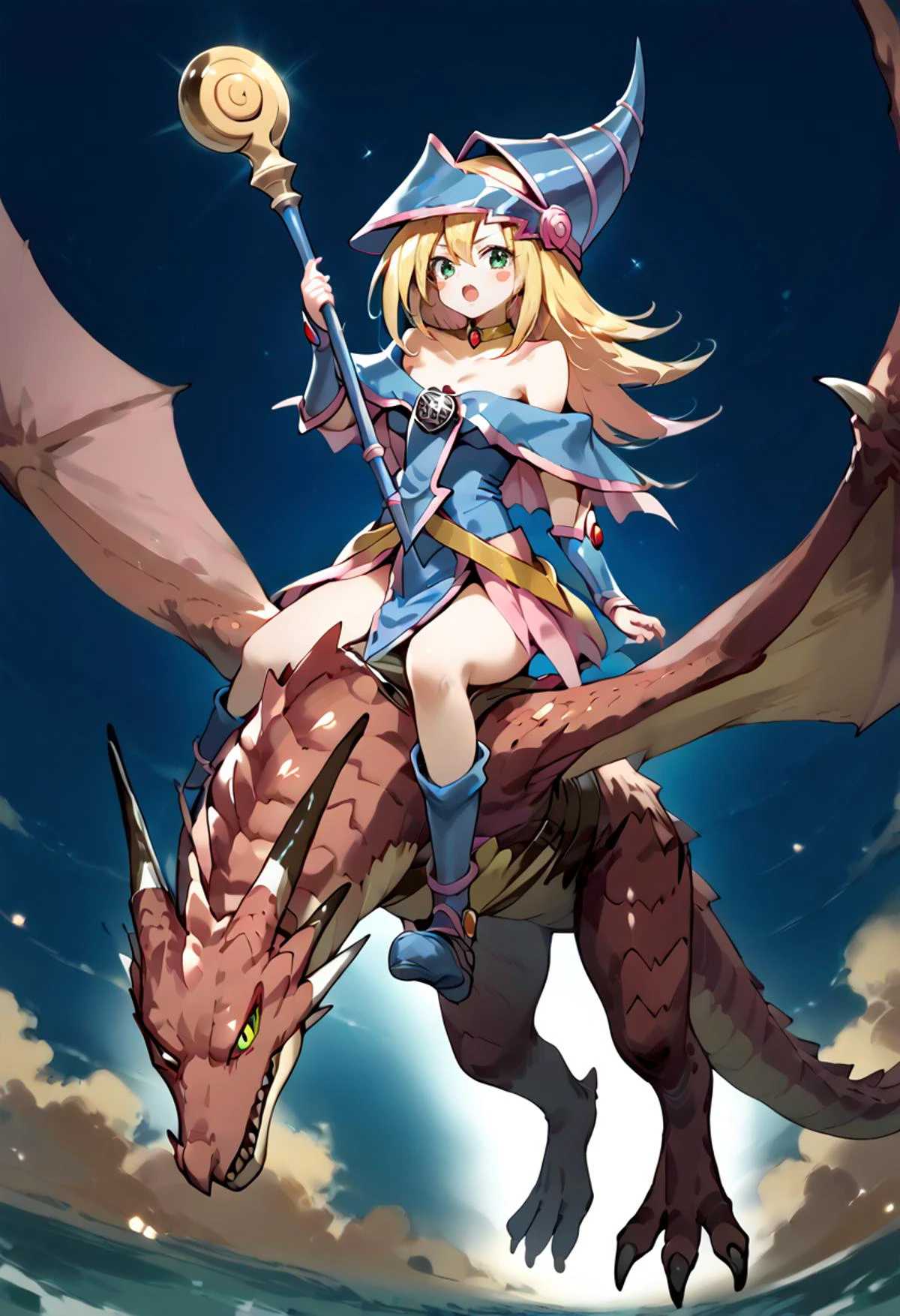 (score_9:0.9),score_8_up,score_7_up,anime style,rating_safe,(zPDXL), <lora:wyvern rider-pony:0.8>, <lora:dark-magician-girl-ponyxl-lora-nochekaiser:1>, wyvern rider,wyvern,wings,dragon riding,dragon wings,1girl, dark_magician_girl, dark magician girl, duel monster, blonde hair, long hair, green eyes, blush, blush stickers, choker, bare shoulders, off shoulder, blue footwear, cleavage, collarbone, hat, pentacle, wizard hat, holding staff, sparkling lights, shimmering aura, open mouth, v-shaped eyebrows, serious, full body, arm up,