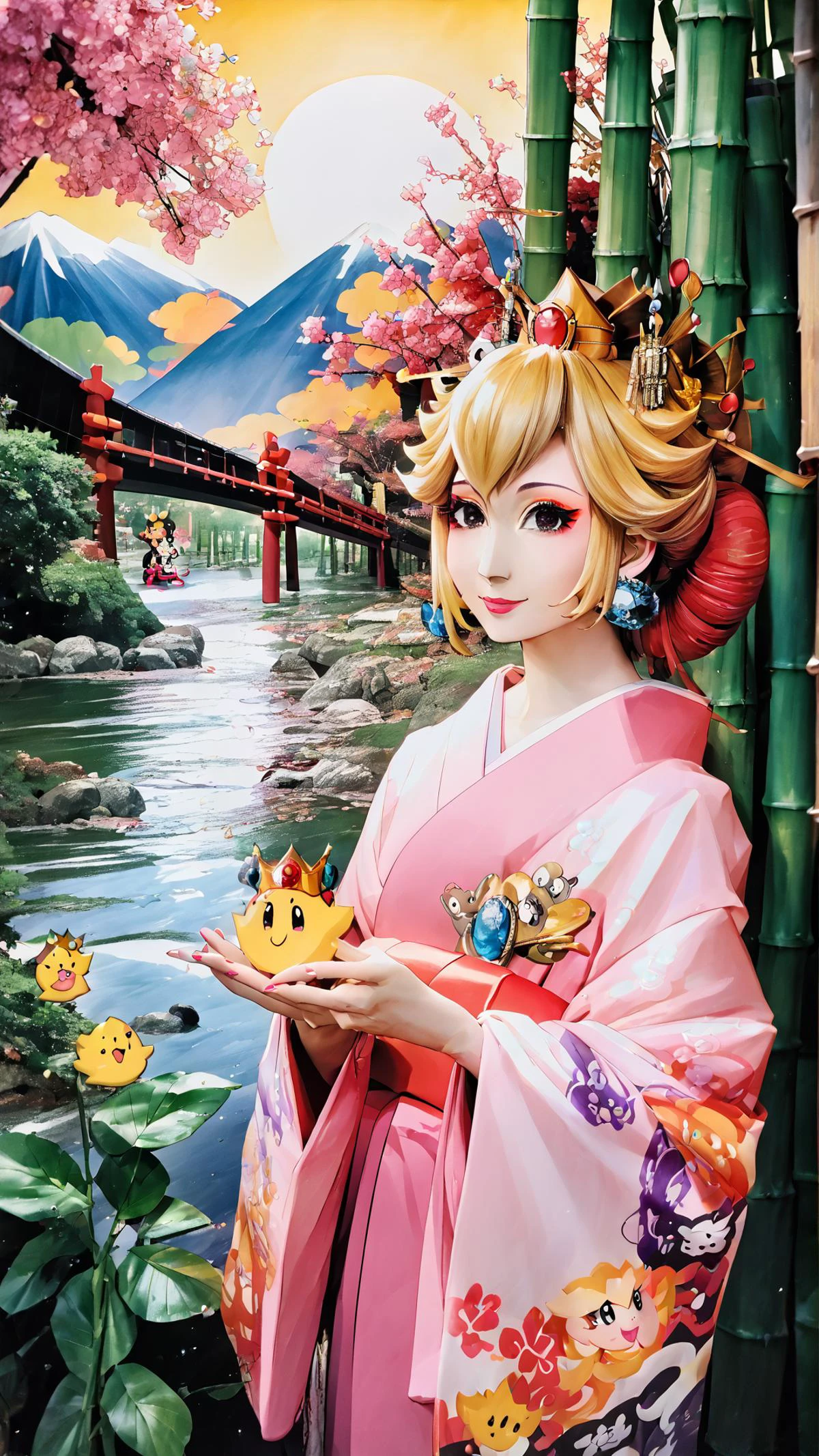 <lora:edgOiranPonyv1:0.8> beautiful edgOiran woman, perfect edgOiran face, perfect edgOiran body, edgOiran makeup, edgOiran hairstyle, bridge, river, sun, bamboo, <lora:PrincessPeach_XLPD:0.8> princess peach, crown, smile,, score 9, score 8 up, score 7 up, score 6 up, score 5 up, score 4 up,