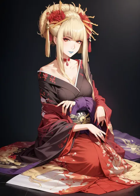 sitting, rsimple background, score_9, score_8_up, score_7_up, Expressiveh, ultra detailed, 1 girl,kongou_aoki, blonde hair, red eyes,blue lips,blonde hair, red eyes, small smile, choker, full body, large breasts clevage<lora:Expressive_H:0.8> <lora:Kongou:0.8>beautiful edgOiran_woman, purple off-shoulder kimono,perfect edgOiran_face,perfect edgOiran_body,edgOiran_makeup,edgOiran_hairstyle <lora:edgOiranPonyv1:1>