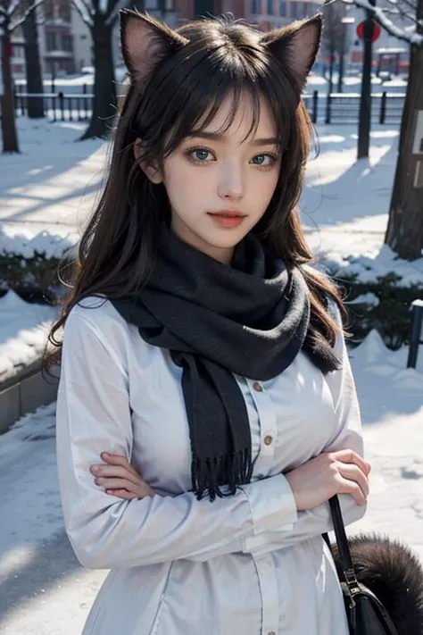 masterpiece,best quality,official art,extremely detailed CG unity 8k wallpaper,large breasts,
1girl, upper body, face close up,scarf, cat ears, maid,
snow shelter,