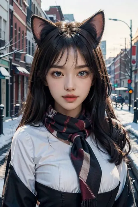 masterpiece,best quality,official art,extremely detailed CG unity 8k wallpaper,large breasts,
1girl, upper body, face close up,scarf, cat ears, maid,
snow shelter,